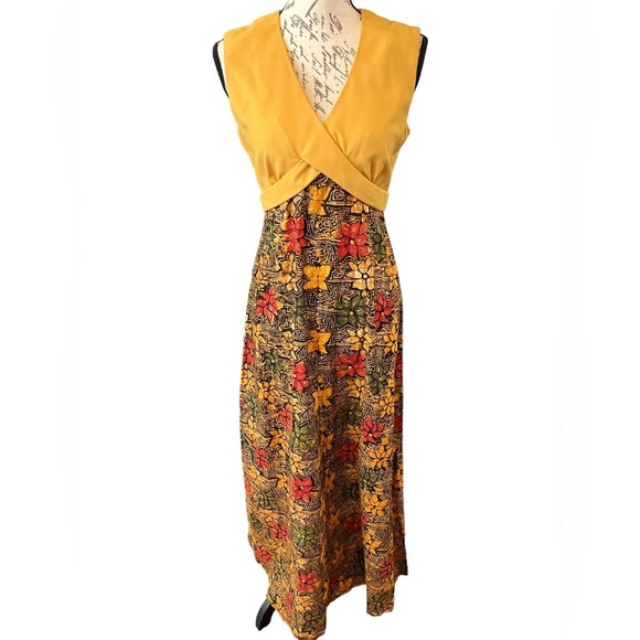 Handmade Vintage 70’s maxi floral dress yellow, & brown empire waist Small EUC​ - Picture 7 of 16